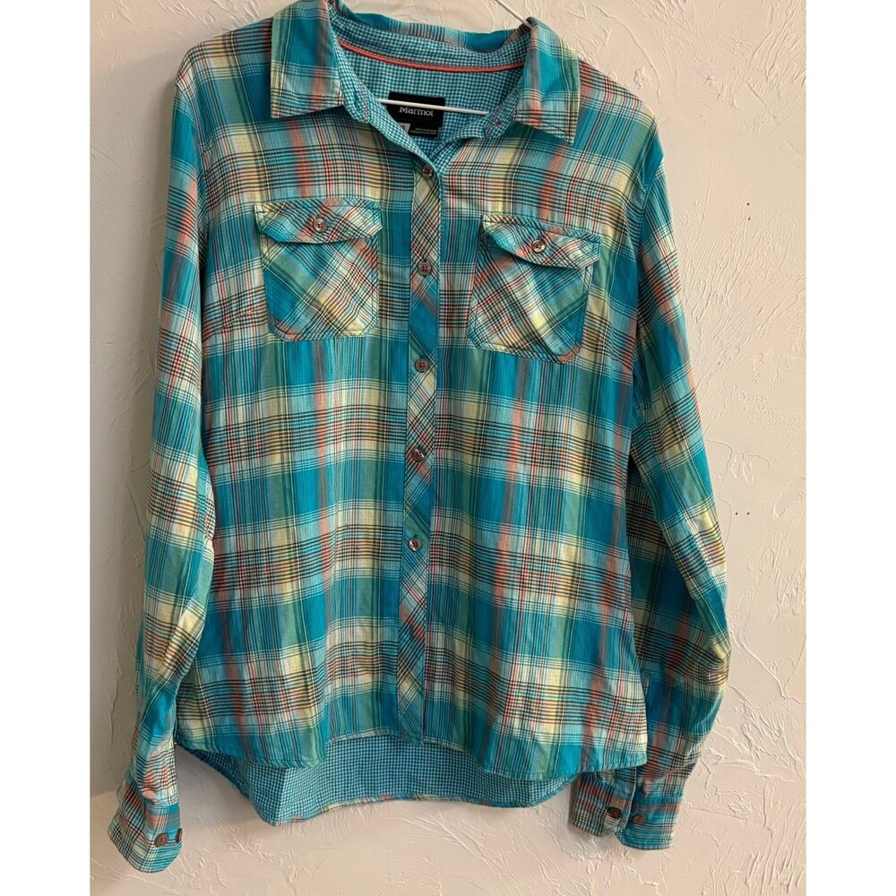 Marmot Woman’s L Blue Plaid Button up Long Sleeve Shirt